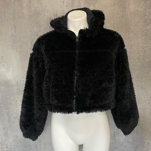 BDG Fuzzy Black Hooded Zip up Jacket